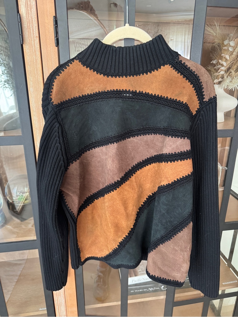 Vintage 90s suede patchwork sweater Lisa International suede mockneck knit rib